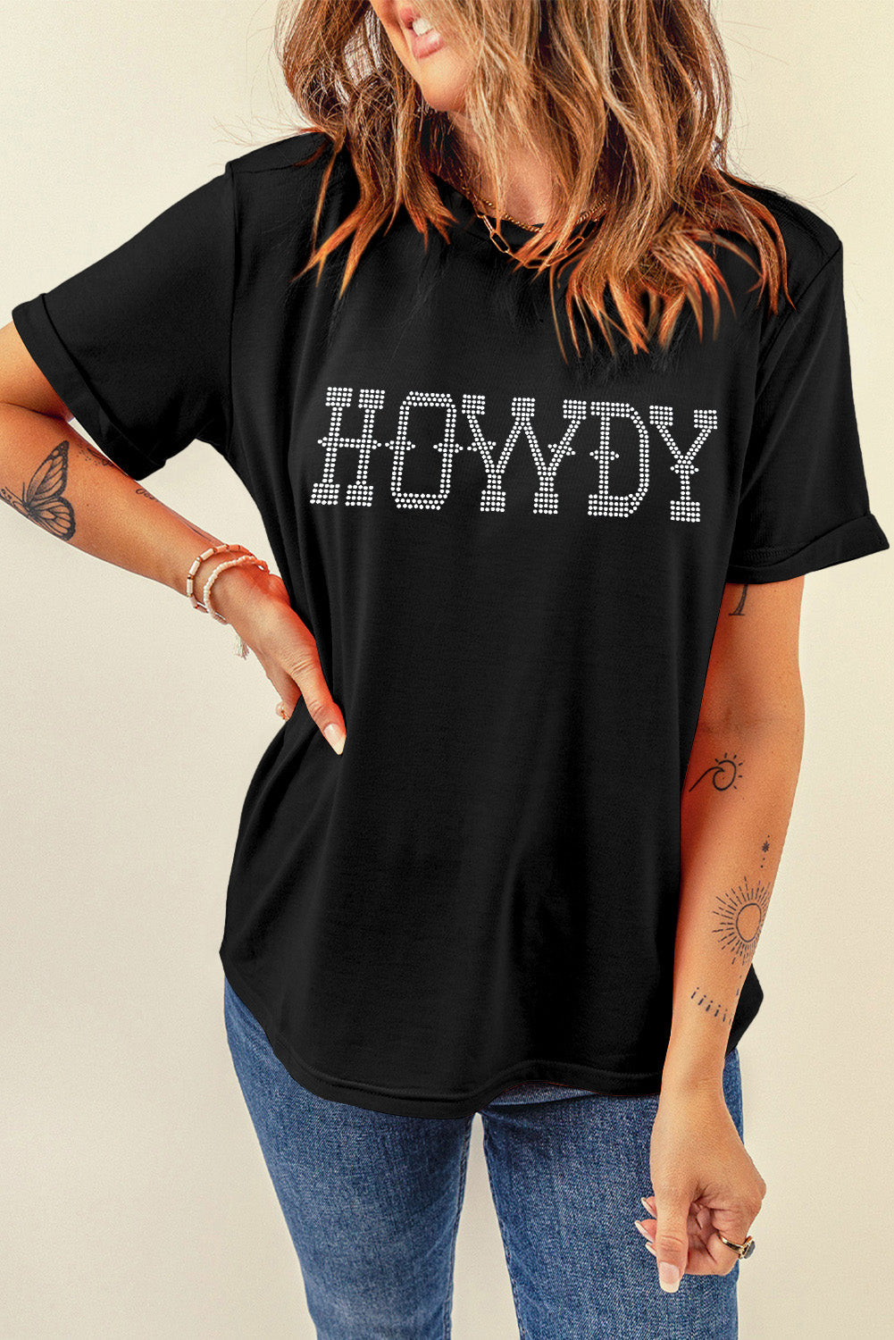 HOWDY Black Rhinestone Embellished Slim Fit Tee