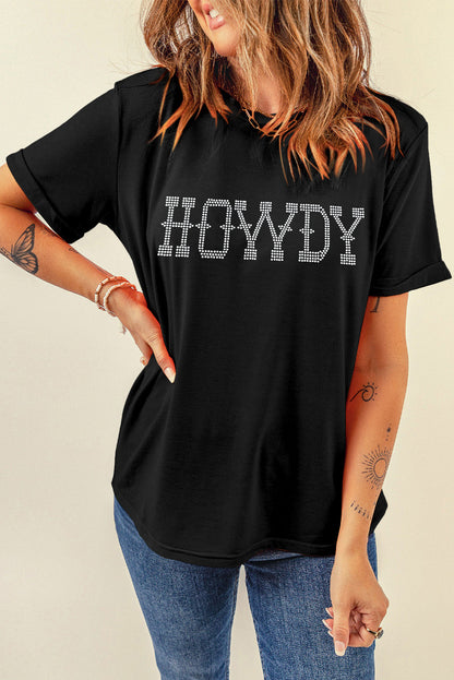 HOWDY Black Rhinestone Embellished Slim Fit Tee