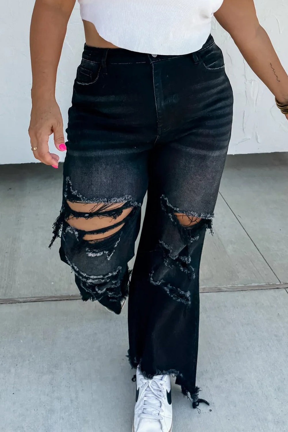Black Asymmetric Distressed Raw Hem Cowgirl Jeans