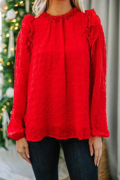 Fiery Red Solid Color Textured Ruffled Detail Long Sleeve Blouse