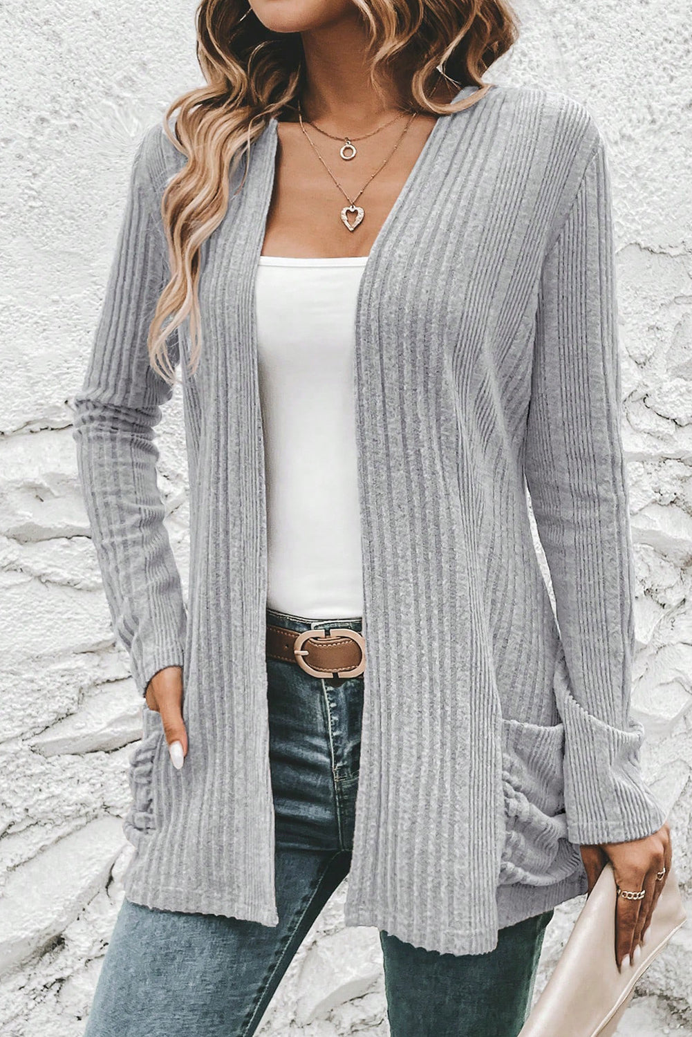 Light Grey Ribbed Open Front Knitted Top with Pockets