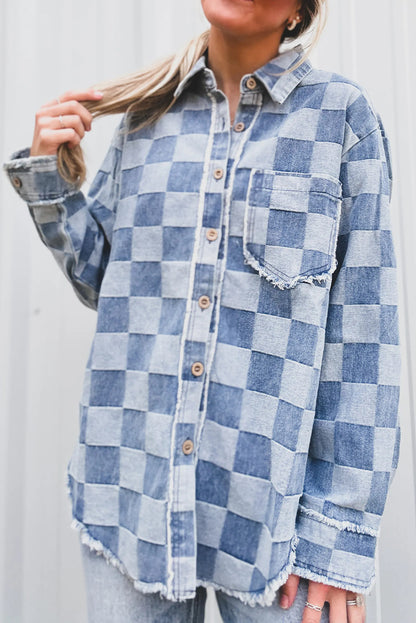 Sky Blue Checkered Denim Raw Edge Loose Shacket