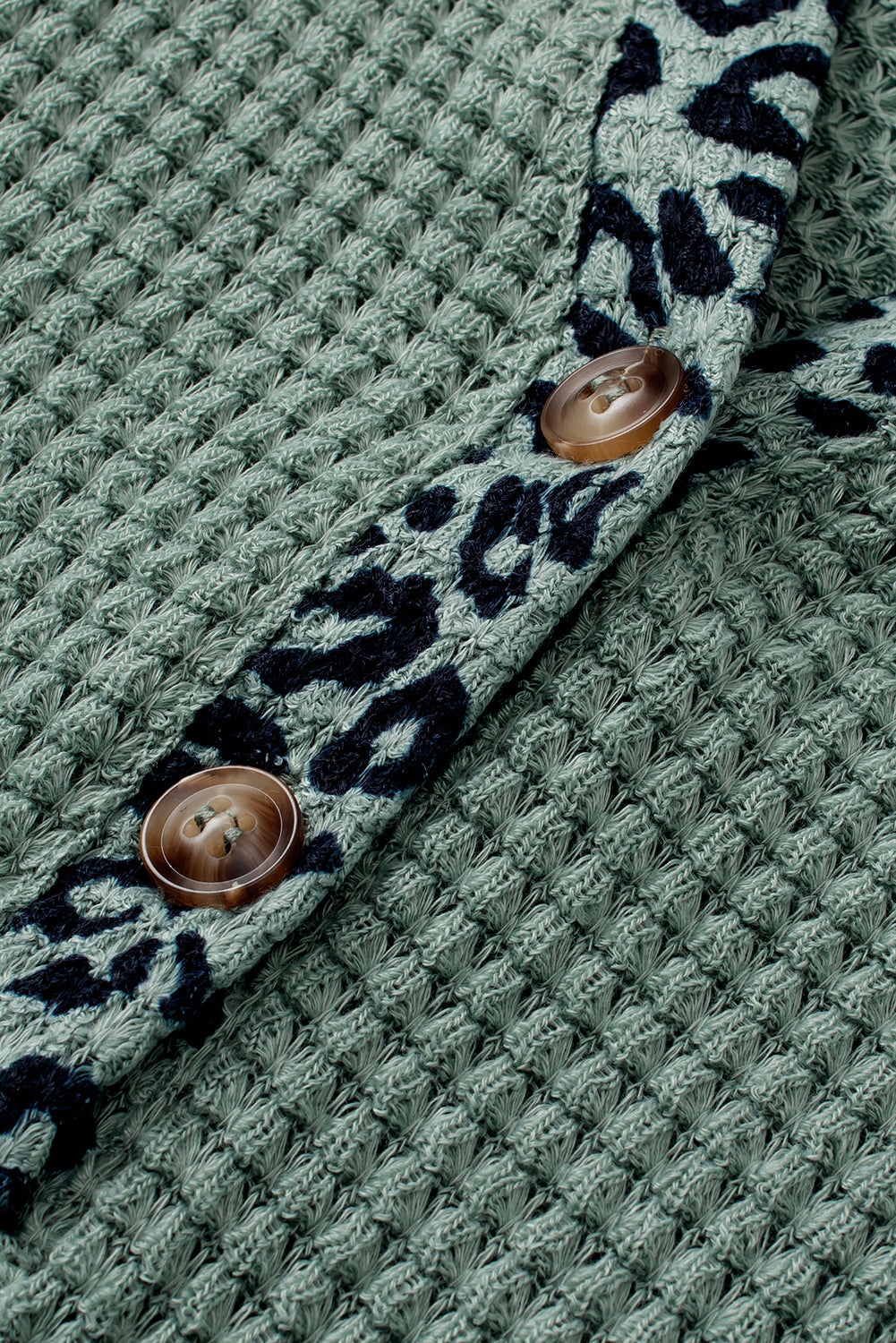 Green Leopard Waffle Knit V-Neck Blouse with Button Details
