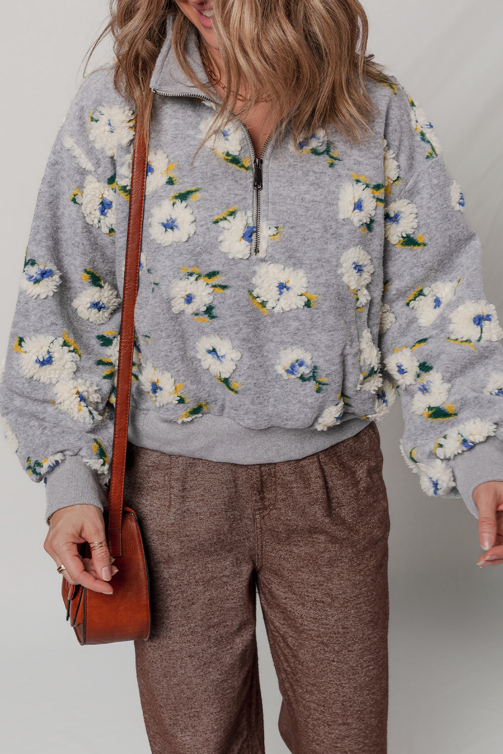 Sleet Plush Flower Pattern Zip Collar Loose Pullover Sweatshirt