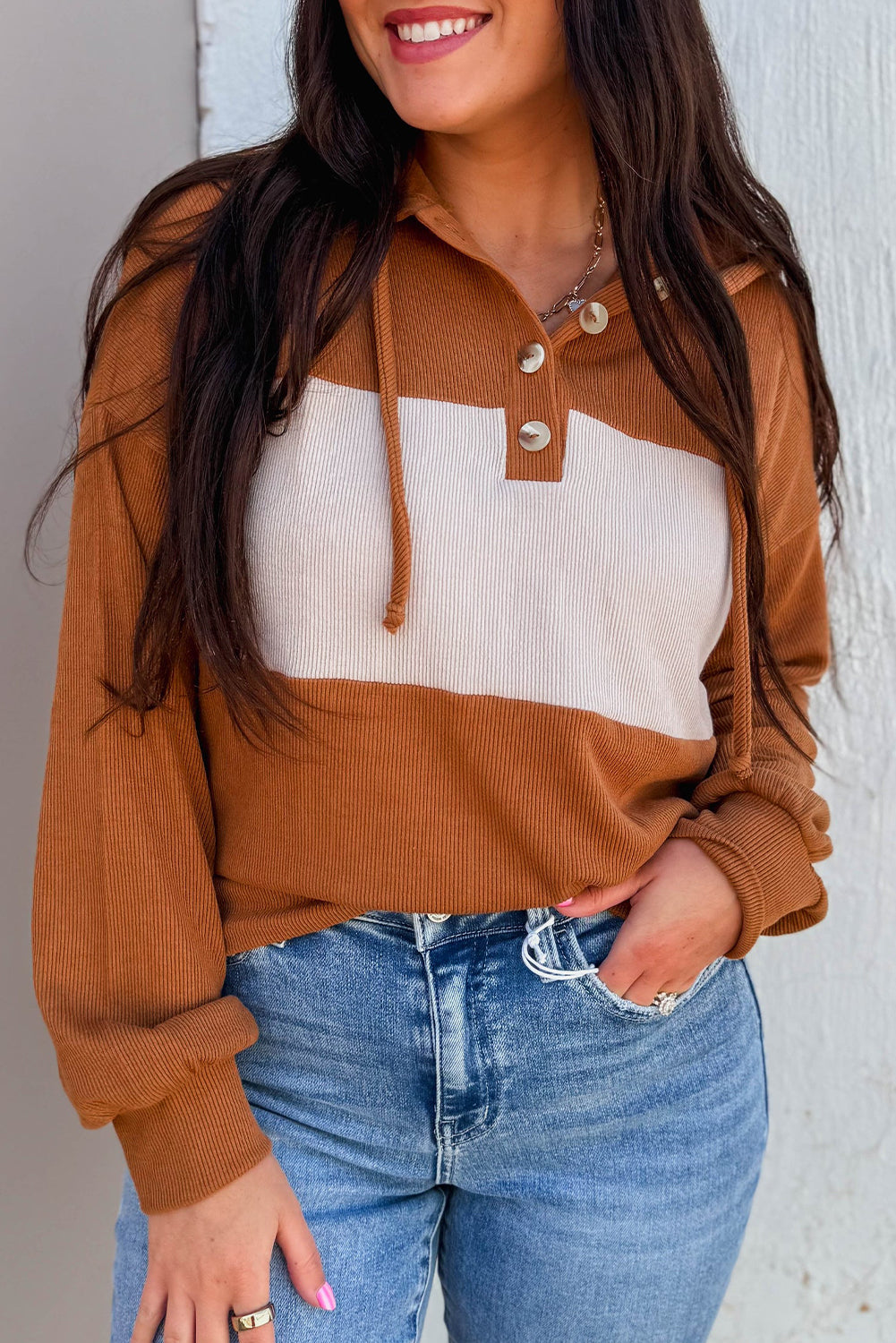 Chestnut Color Block Ribbed Knit Button Neck Drop Shoulder Hoodie