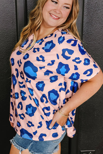 Pink Leopard Print Oversized V Neck Plus Size Tee