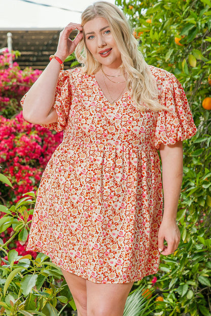 Floral Print Puff Sleeves Plus Size Mini Dress in Multicolor Bouquet