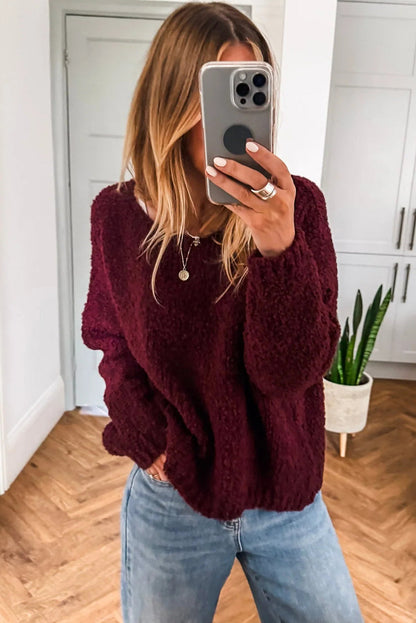 Burgundy Round Neck Fuzzy Knit Drop Shoulder Loose Sweater