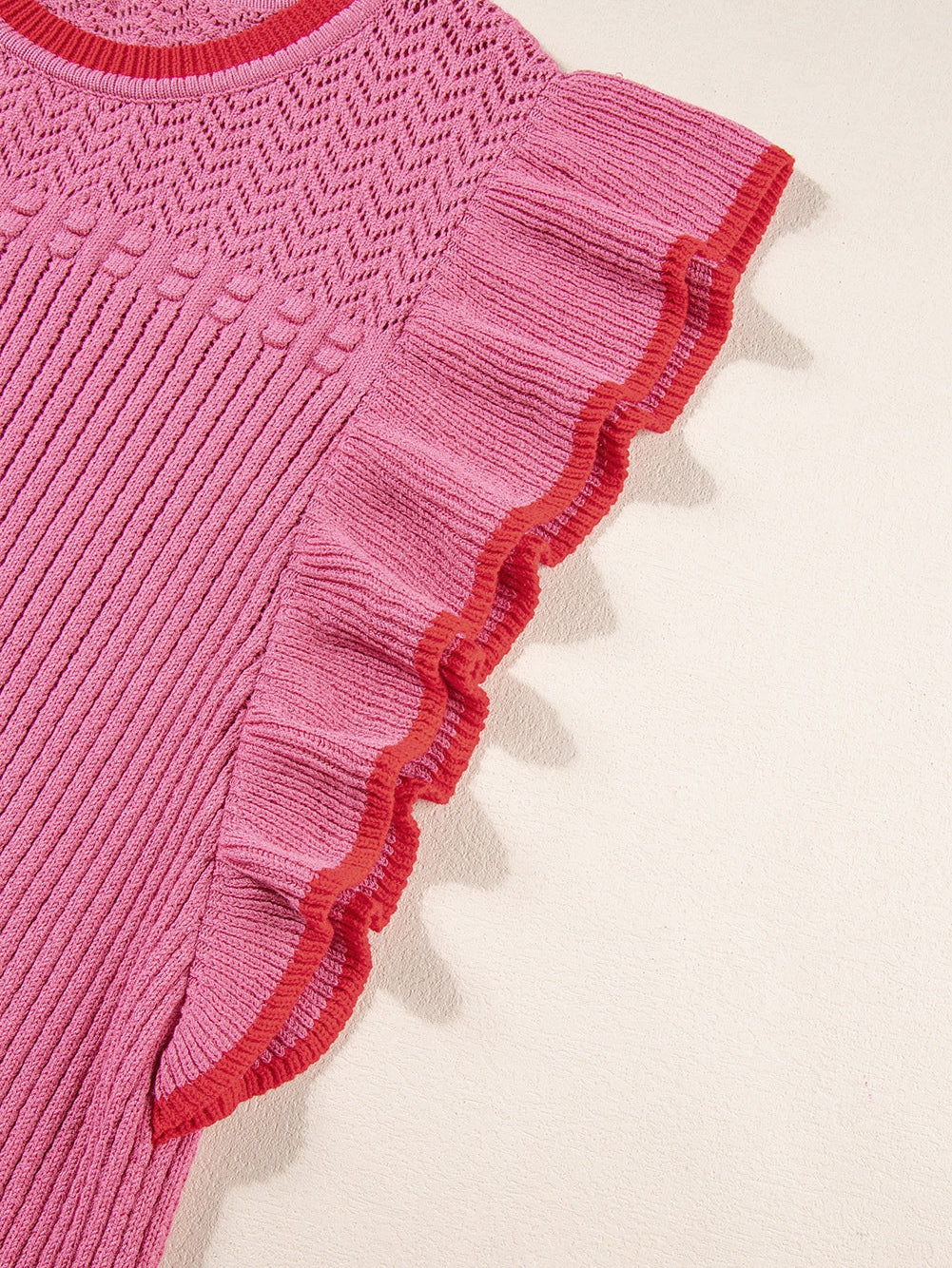 Rose Red Ruffled Contrast Trim Plus Size Short Sleeve Sweater