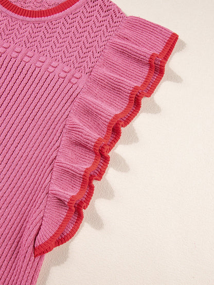 Rose Red Ruffled Contrast Trim Plus Size Short Sleeve Sweater