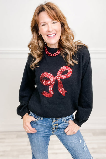 Black Sequin Ribbon Bow Embroidered Casual Sweater