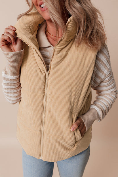 Light French Beige Corduroy Stand Neck Zipped Puffer Vest