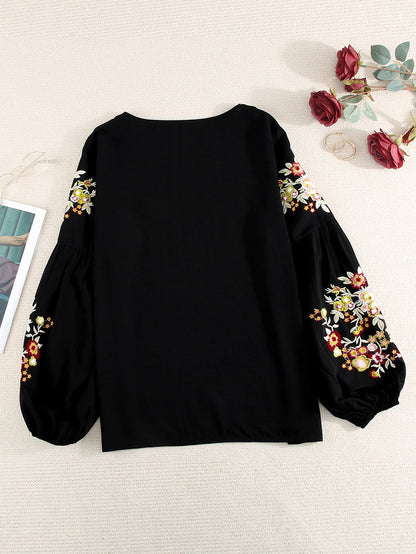 Elegant Floral Embroidered Black Top