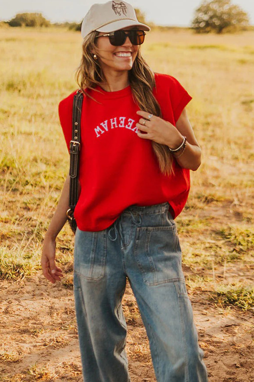 Fiery Red YEEHAW Embroidered Letter Loose Short Sleeve Sweater