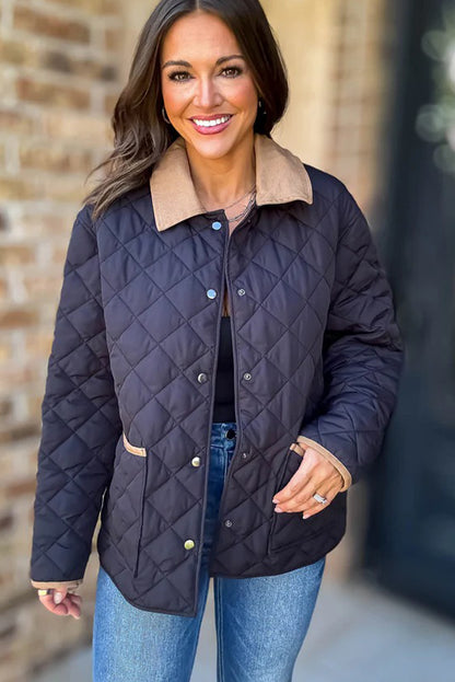 Dirty blue Snap Button Quilted Color Block Collar Pocketed Winter Jacket