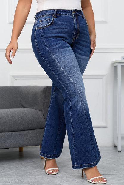 Vintage Washed Blue Flared Denim Jeans for Plus Size Women