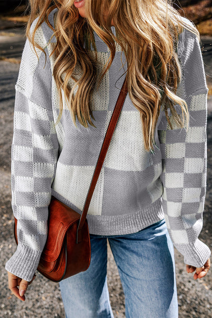 Grey Plaid Drop Shoulder Knit Sweater