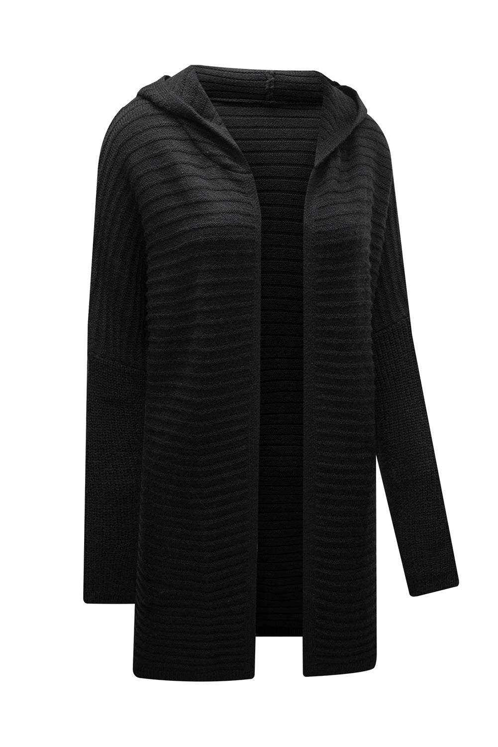 Black Ribbed Knit Hooded Cardigan for Stylish Autumn Layering