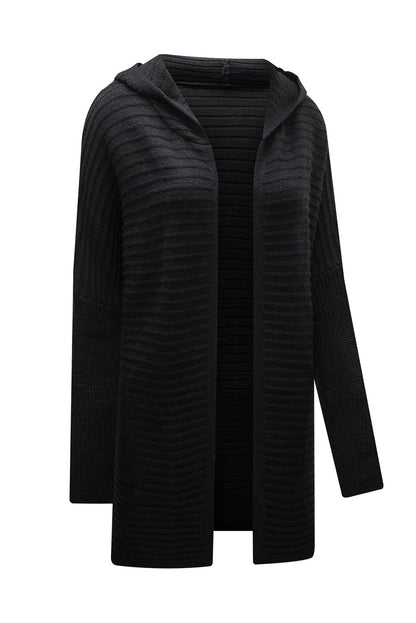 Black Ribbed Knit Hooded Cardigan for Stylish Autumn Layering