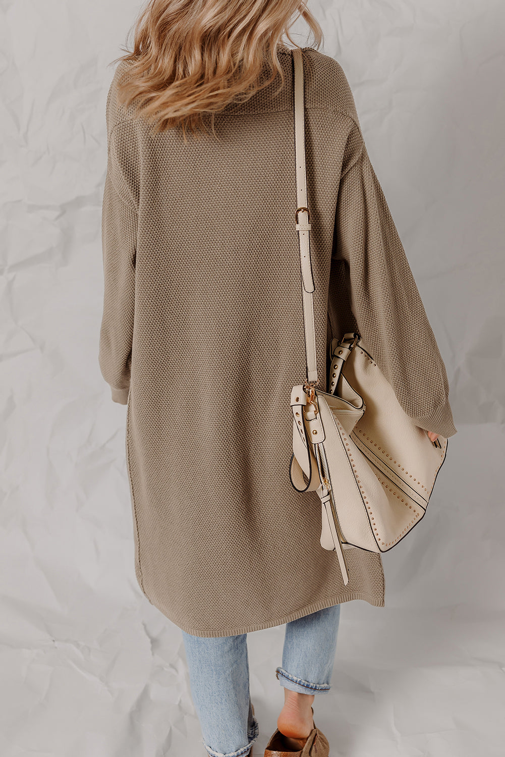 DUNE Solid Color Textured Knit Open Front Oversize Midi Sweater Cardigan