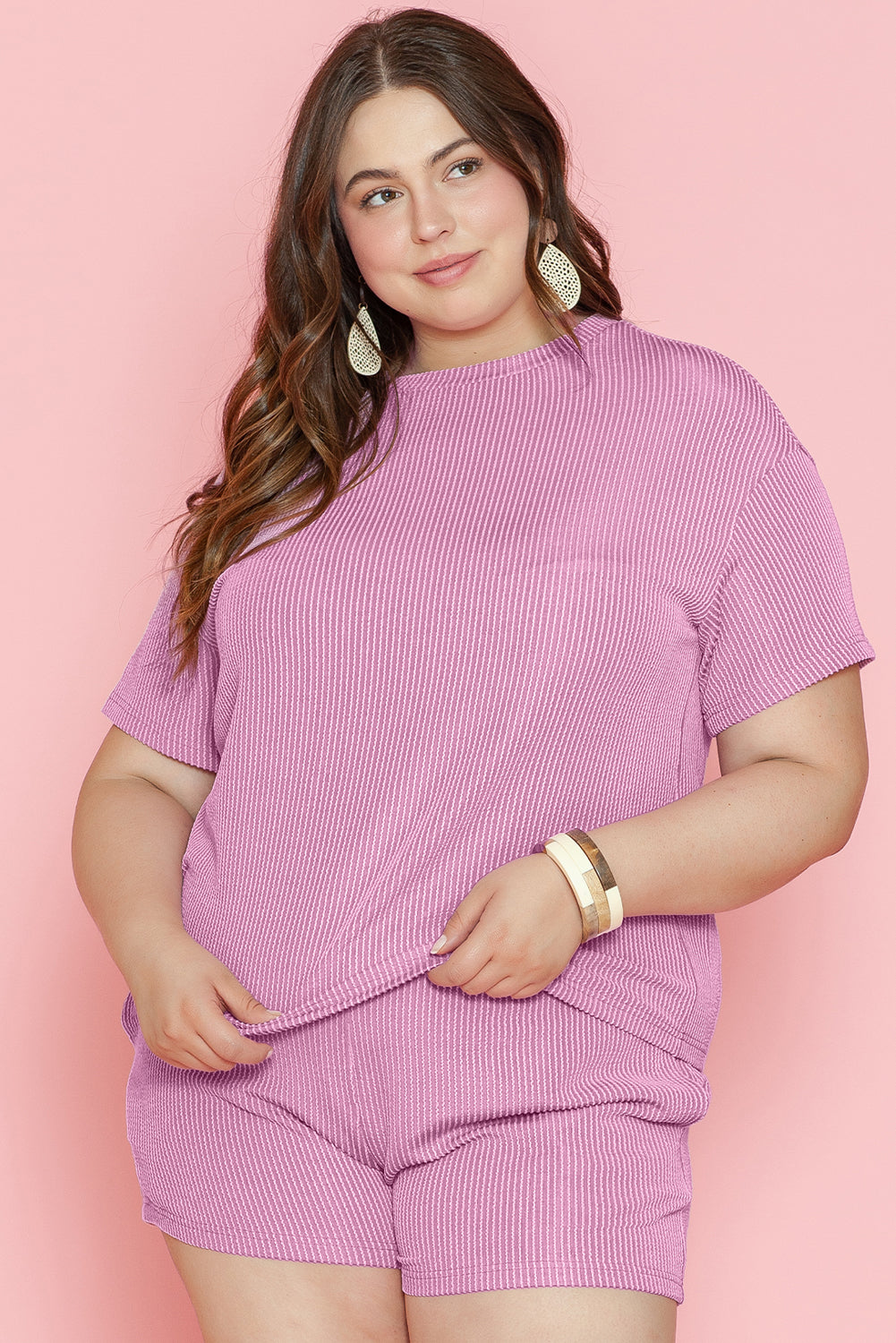 Ribbed Knit Pink Lounge Set for Plus Size Women