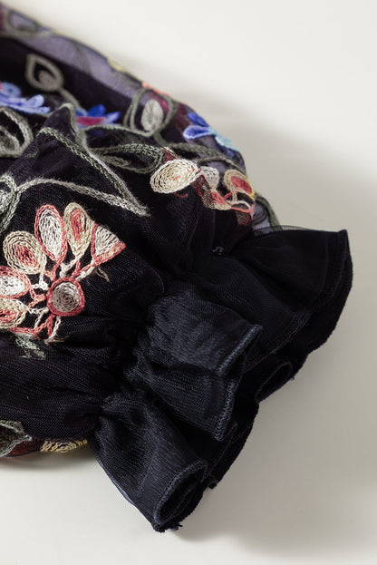 Elegant Black Floral Embroidered Flounce Sleeve Blouse with Split V-Neck