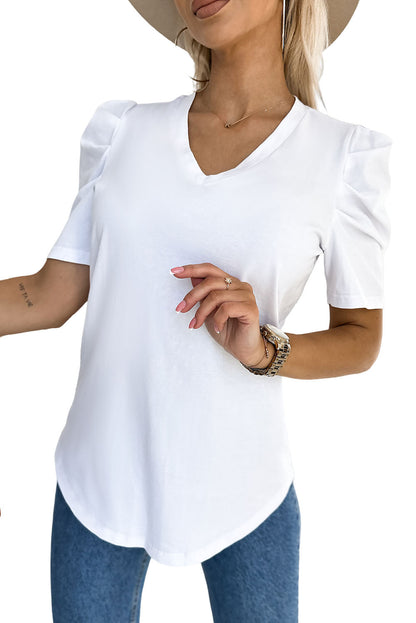 Elegant White Puff Sleeve V-Neck Top