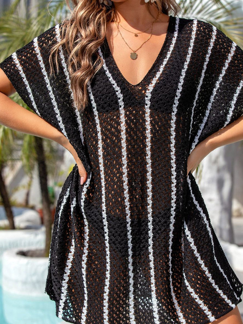 Beach Ready Black Striped Crochet V Neck Cover-Up