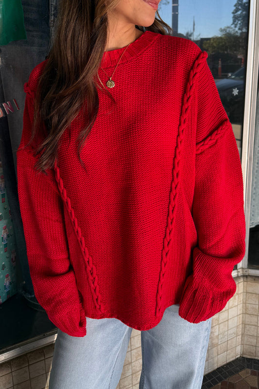 Racing Red Braided Accent Relaxed Festive Holiday Sweater