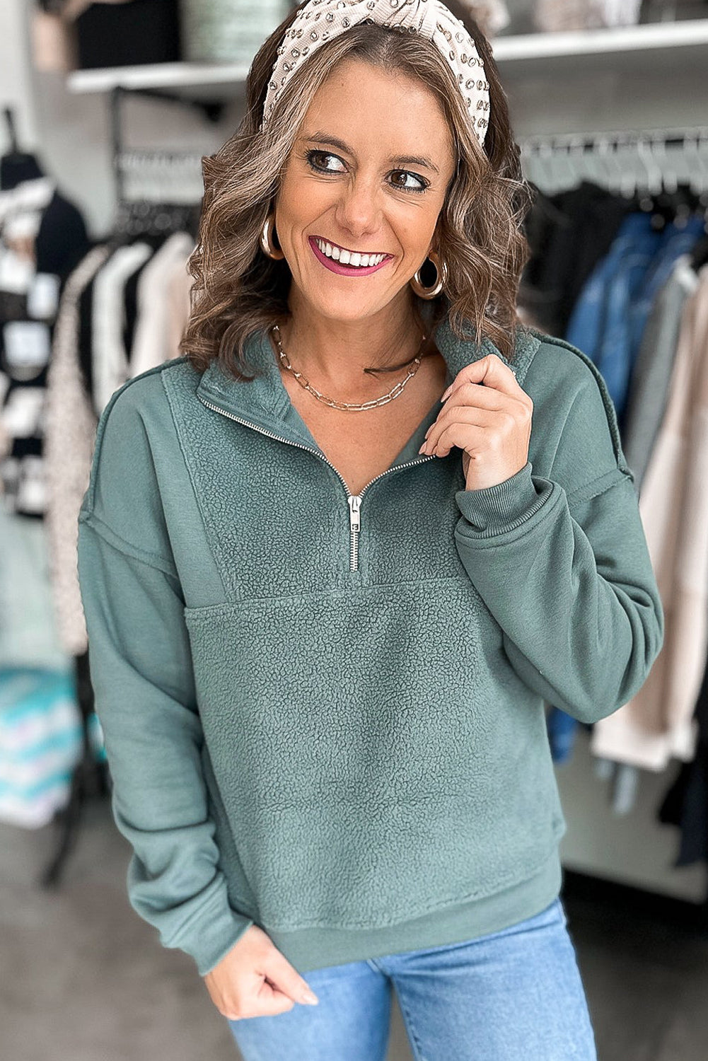 Canton Solid Color Sherpa Patchwork Quarter Zip Pullover Sweatshirt