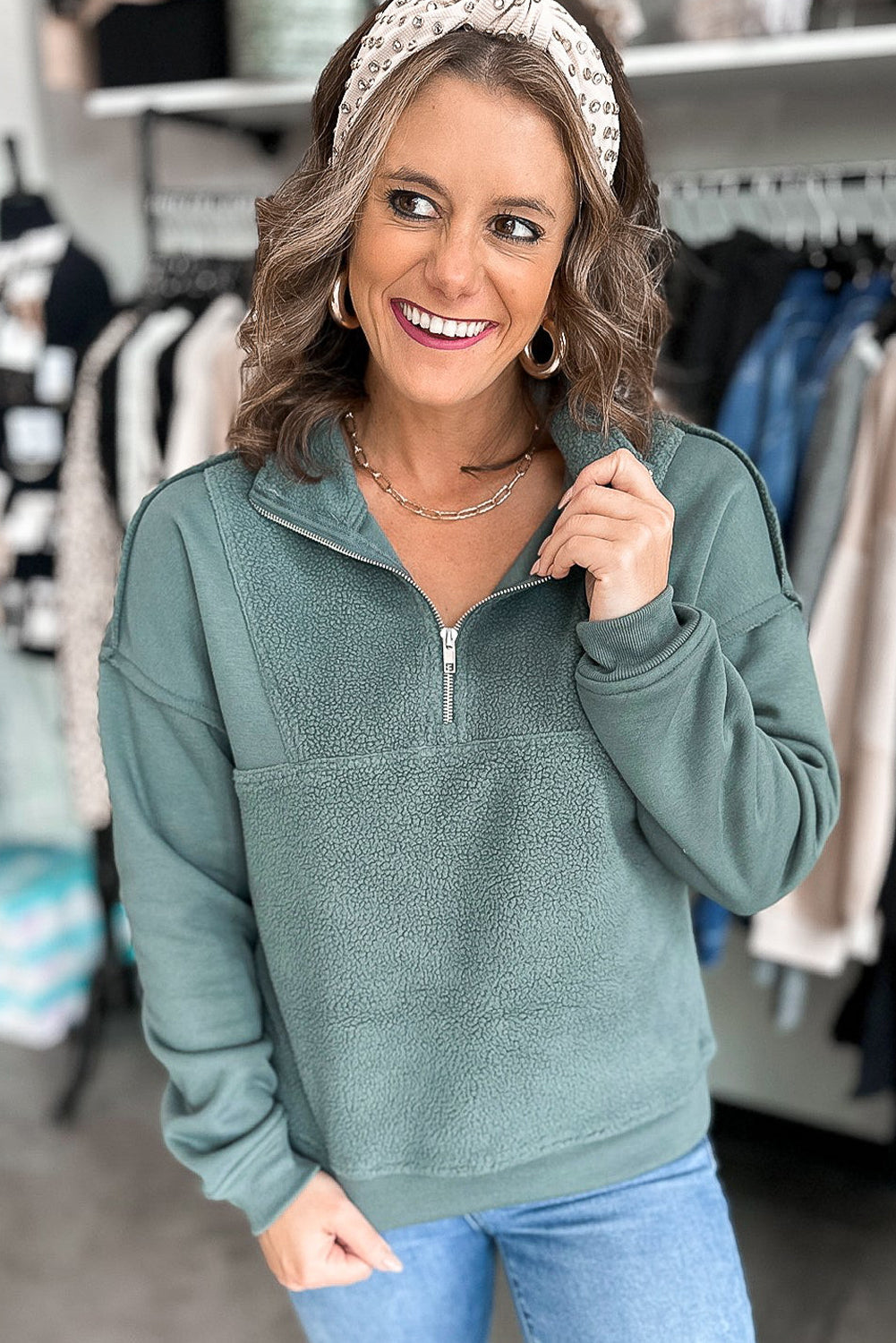 Canton Solid Color Sherpa Patchwork Quarter Zip Pullover Sweatshirt