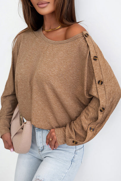 Elegant Khaki Dolman Sleeve Top with Button Detail
