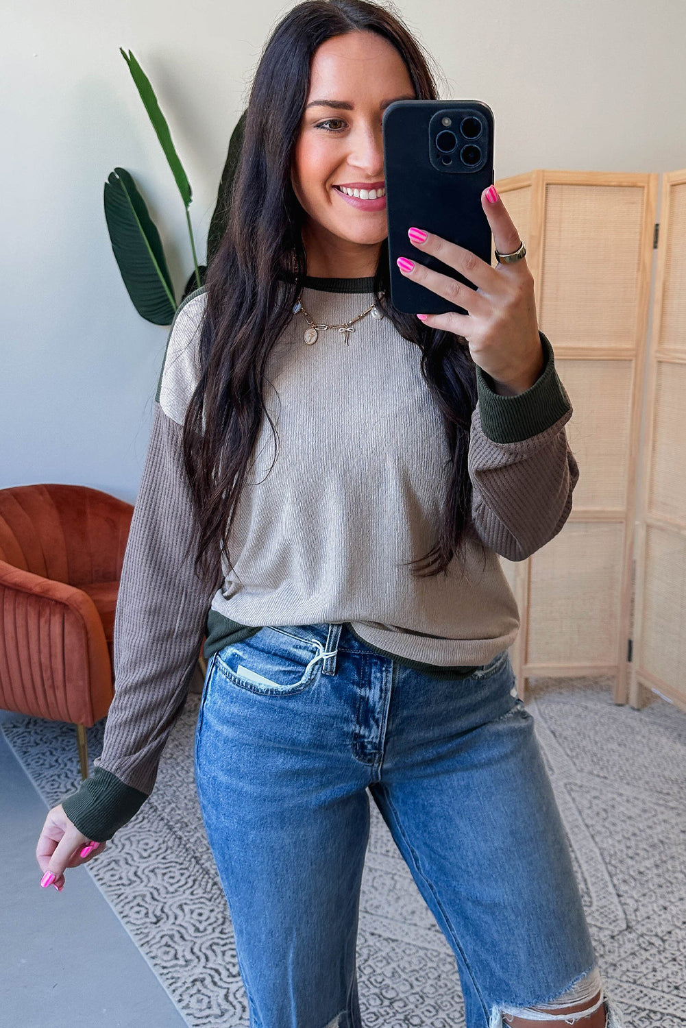 Parchment Color Block Mix Texture Patchwork Long Sleeve Top