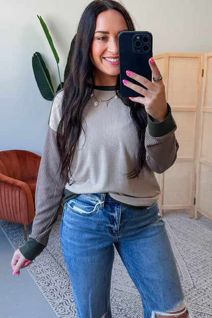 Parchment Color Block Mix Texture Patchwork Long Sleeve Top