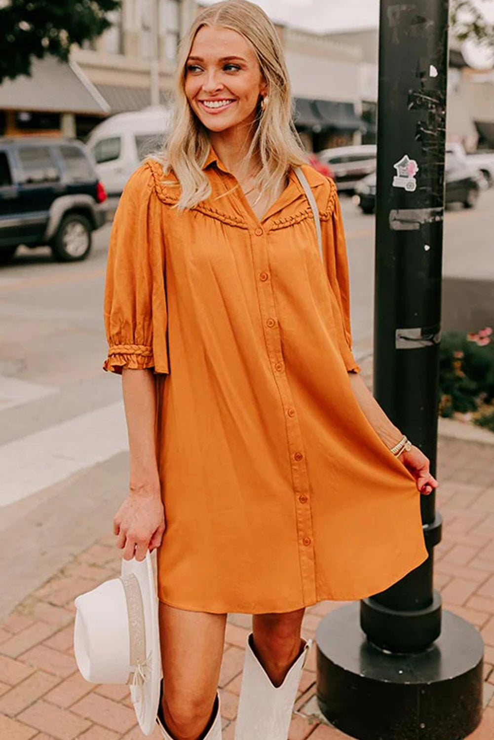 Russet Orange Solid Color 3/4 Sleeve Braided Detail Button Down Mini Shirt Dress