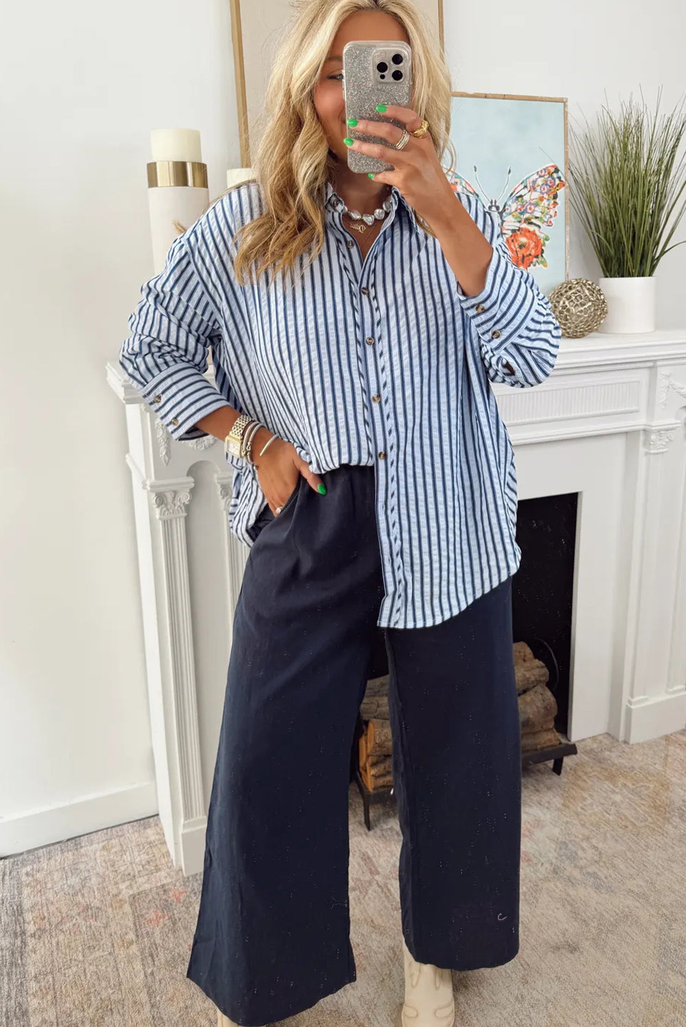 Blue Stripe Textured Hi Low Rounded Hem Casual Shirt with Slits