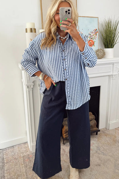 Blue Stripe Textured Hi Low Rounded Hem Casual Shirt with Slits