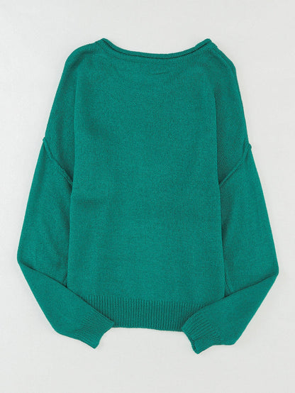 Green Rib Knit Off Shoulder Sweater with Chest Pocket