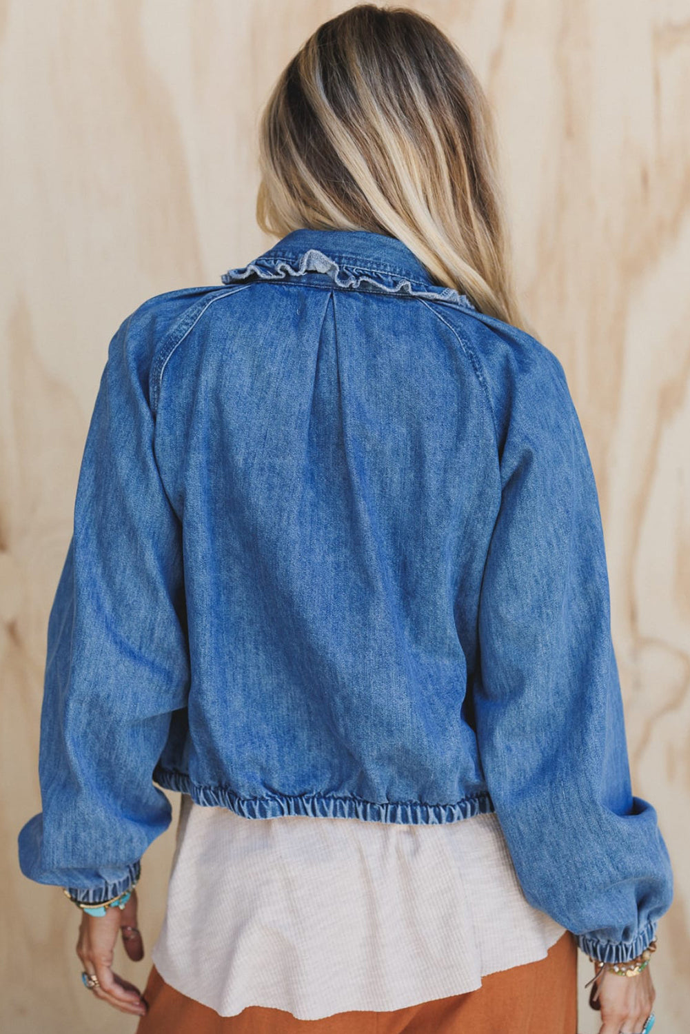 Real Teal Frilled Trim Zip Up Elastic Cuffed Denim Jacket