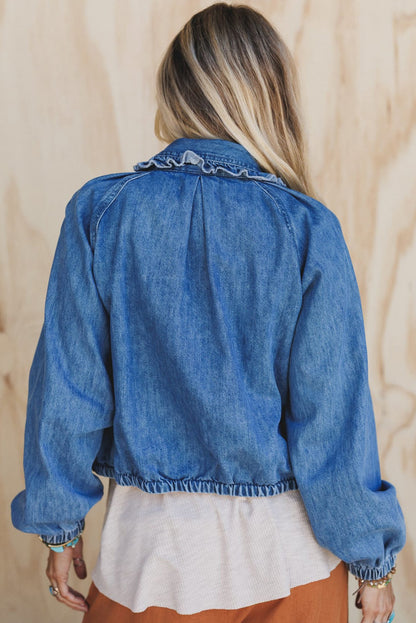 Real Teal Frilled Trim Zip Up Elastic Cuffed Denim Jacket