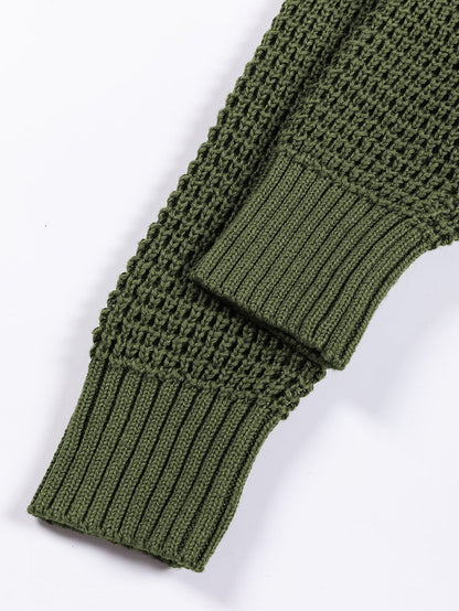 Green Buttoned V Neck Drop Shoulder Sweater with Pointelle Knit