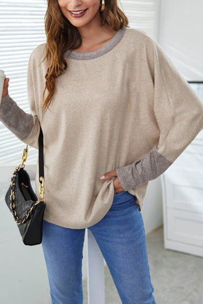 Khaki Batwing Sleeve Top with Color Block Cuffs
