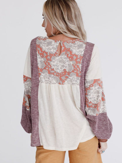 Floral Dream Bubble Sleeve Colorblock Knit Top