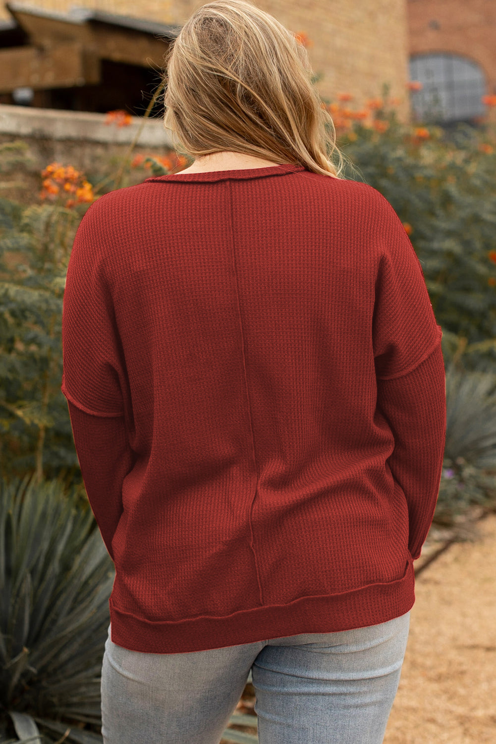 Flame Gold Plus Size Waffle Knit Top with Exposed Seam Detail