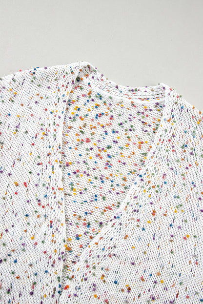 White Confetti Rib Knit Long Sleeve Cardigan