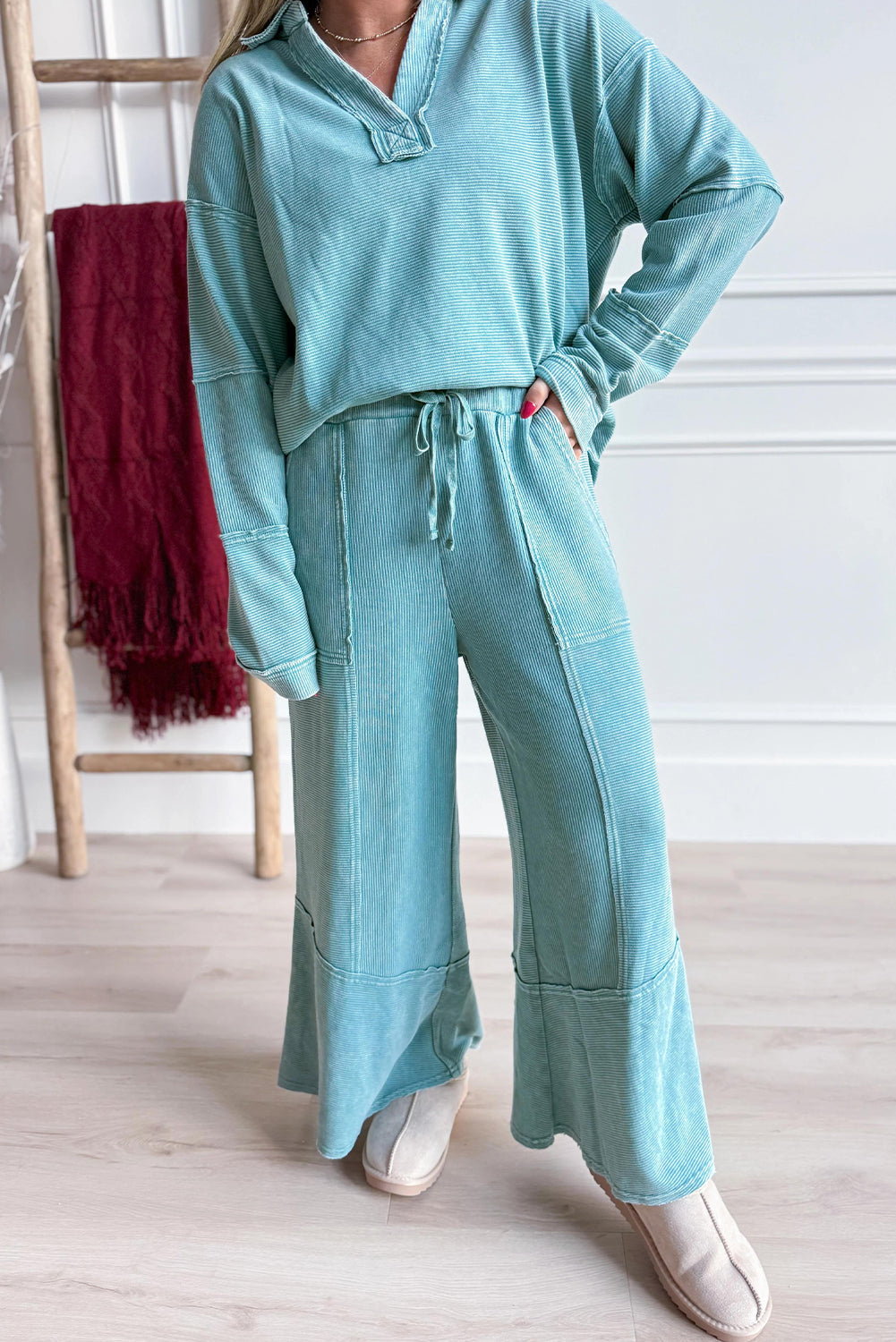 Lapis Mineral Wash Ribbed Patchwork V Neck Pullover Drawstring Pants 2pcs Outfit