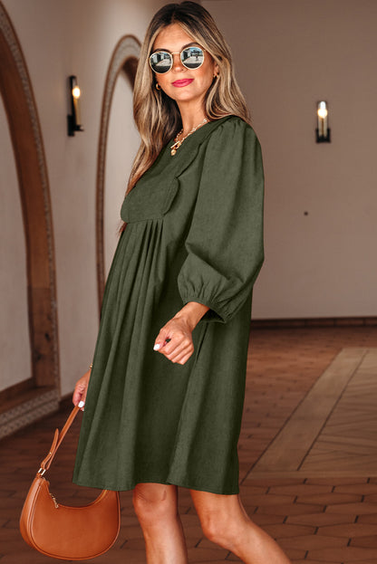 Moss Green Bracelet Sleeve Split Neck Scallop Detail Pleated Corduroy Mini Dress