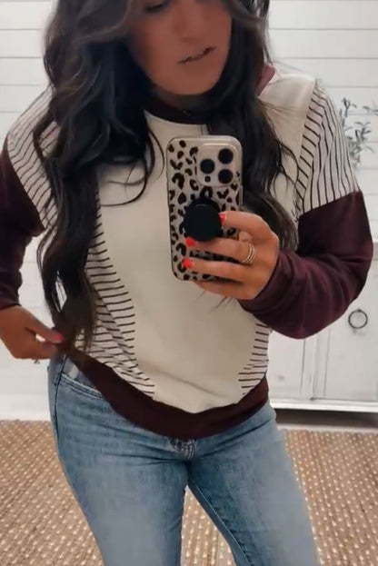 Burgundy Color Block Striped Patchwork Long Sleeve Top