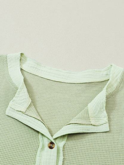Green Textured Waffle Knit Henley Top