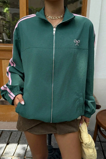 Canton Bow Embroidered Detail Zip Up Sweatshirt Womens Jacket